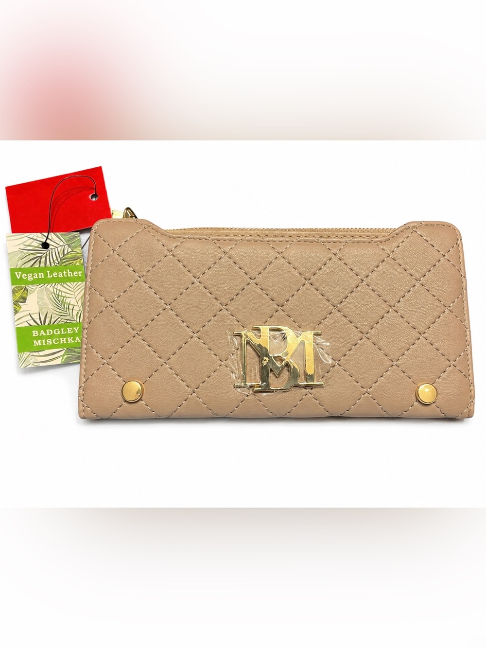 Badgley Mischka Quilted Taupe Vegan Leather Clutch with Gold Logo